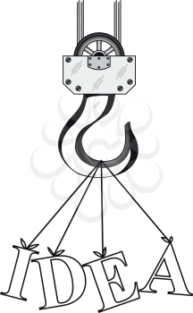 Black and white illustration of the construction crane hook and word Idea