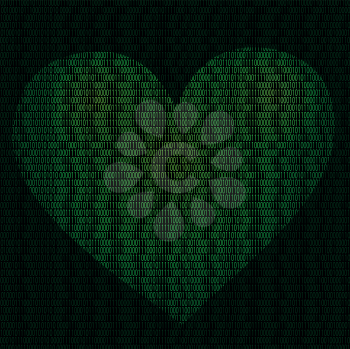 Illustration of imaginative cyber heart of binary code on a background of binary digits