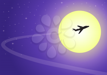 Illustration of airplane silhouette on a moonlit night against a starry sky
