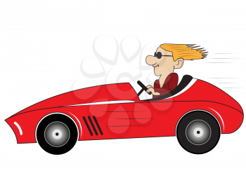 Illustration of a cartoon deadpan racer on a race car on a white background