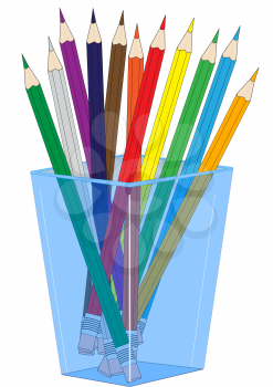Illustration of a glass with colored  pencils on a white background