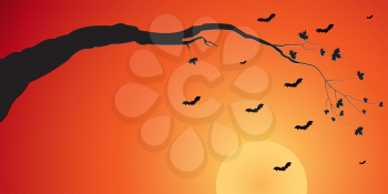 Illustration of silhouette of a tree branch and bats at sunset