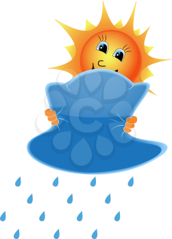 Illustration of a sun clutching a rainy cloud