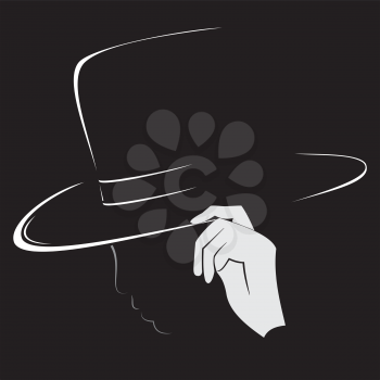 Illustration of hats contour and silhouette of the hand isolated on black background