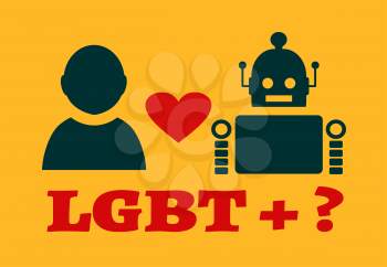 Human and robot relationships. Robotics industry relative image. Heart icon between robot and human. LGBT text