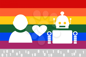 Human and robot relationships. Robotics industry relative image. Heart icon between robot and human. LGBT rainbow flag