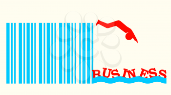 red man silhouette diving from bar code springboard into business ocean. start up relative image
