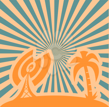 Wi Fi network and palm symbols grows to sun . Mobile gadgets technology relative vector image. Sun rays background. 