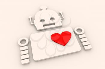 Cute vintage robot. Robotics industry relative image. Human heart icon. 3D rendering