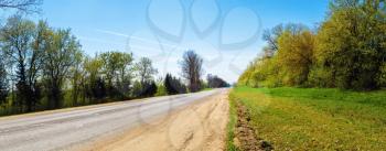 Asphalt road runs between the trees in the countryside. Sunny summer landscape. Panoramic shot.