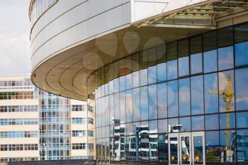 MINSK, BELARUS - MAY 03, 2016: Minsk-Arena - a sports and entertainment complex in the city of Minsk, Belarus. Close-up of modern industrial architecture of steel and glass.