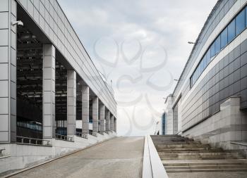 MINSK, BELARUS - MAY 03, 2016: Minsk-Arena - a sports and entertainment complex in the city of Minsk, Belarus. Close-up of modern industrial buildings.