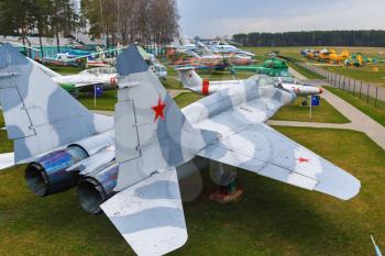 Minsk, Belarus - April 25, 2015: Obsolete Soviet jet. Old military aircraft. Many airplanes, helicopters and various aircraft. Selective focus