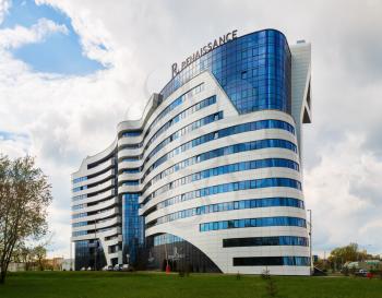 Minsk, Belarus - May 03, 2016: Renaissance Minsk Hotel - this is the first hotel of the well-known international hotel chain Marriott in Belarus. Modern architecture.
