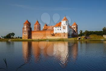 Mir, Belarus - August 11, 2017: Medieval castle on the shore of the lake. Castle in Mir, Belarus. UNESCO World Heritage.