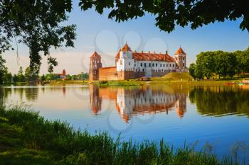 Mir, Belarus - August 11, 2016: Mir Castle is a museum and castle complex on the shore of the lake. Medieval fortress - historical heritage of Belarus. UNESCO World Heritage.