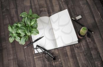 Blank open booklet, stationery and plants on vintage wood background. Responsive design template.