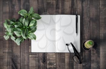 Blank open book, plants and stationery on wooden background. Flat lay.