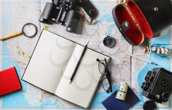 Traveler items. Vacation concept. Essential travel accessories. Flat lay.