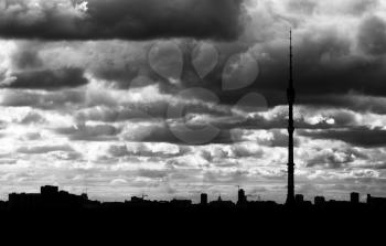 Black and white Moscow television tower silhouette background