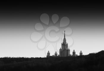Black and white distant view of Moscow University city background hd