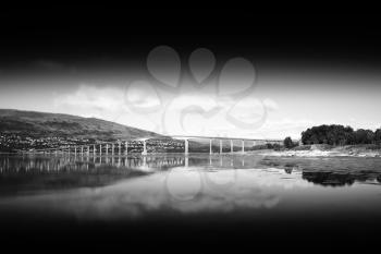 Black and white Norway bridge with reflection landscape hd
