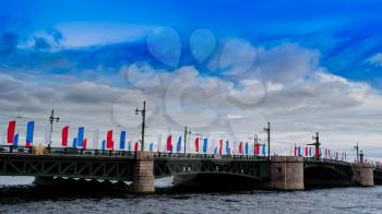 Horizontal vivid Saint Petersburg bridge flag cloudscape background backdrop