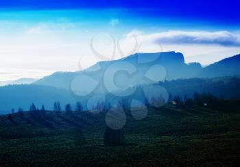 Horizontal vivid morning in mountains landscape background
