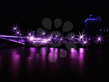 Night Moscow bridge with retro neon lightning background