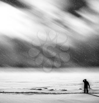 Traveler meeting dramatic snow storm backdrop hd