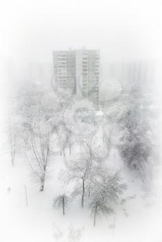 Vertical city buildings in snow background high defenition