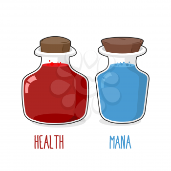 Health and mana. Magic bottle with blue and Red potion. Set of glass jars for games.  Vector illustration in cartoon style.
