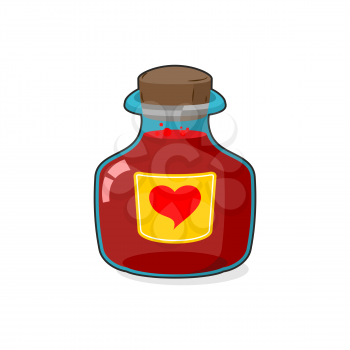 Love potion Bottle. Glass vessel with wooden stopper. Sticker heart Symbol. Magic vessel in a cartoon style. Vector illustration
