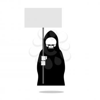 Death with an blank paper over head. Grim Reaper in black clothes holding  banner