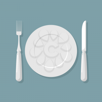 Empty white plate top view. Knife and fork. Cutlery. Vector illustration for  kitchen.