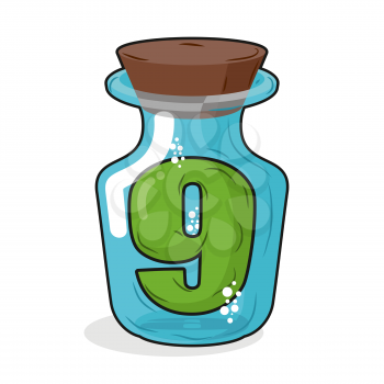number 9 in  bottle. Green figure in a blue glass jar. Magic potion bottle and a wooden stopper. Vector illustration of  laboratory flask vessel