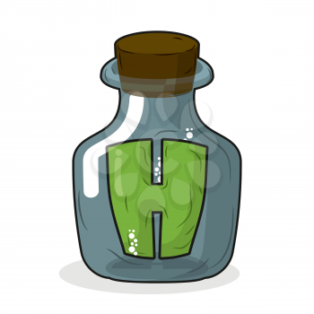 H in laboratory bottle. Letter in magic pot with a wooden stopper. Letter H to scientific experiments. Stock beaker, flask