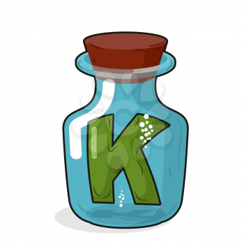 Letter in a laboratory bottle. K In a magic bottle with a wooden lid. Research letters. Vector illustration
