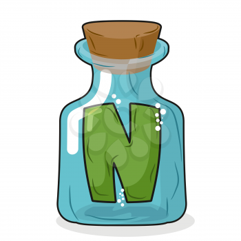 N in magical bottle. Letter in a bottle for laboratory and scientific research. Vector illustration.
