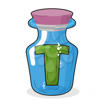Letter in a laboratory bottle. T in  magic bottle with a wooden lid. Research letters. Vector illustration
