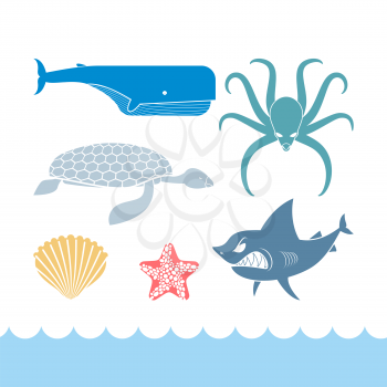 Underwater World Set flat icons. Animals Ocean. Shark and octopus. Tortoise and whale. Starfish and scallop. Stock residents Ocean