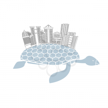 Metropolis on shell water turtles. City skyscrapers and office buildings on reptiles. Logo of  new modern district.