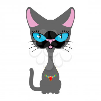 Beautiful cat with  necklace of precious stones. Siamese breed cat with green eyes. Pet jewelry ornaments on neck. Vector illustration of an animal on  white background.
