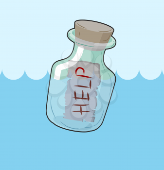 Bottle with message Help. Transparent glass vessel sink in water, sea or ocean. Plea for help SOS. 
