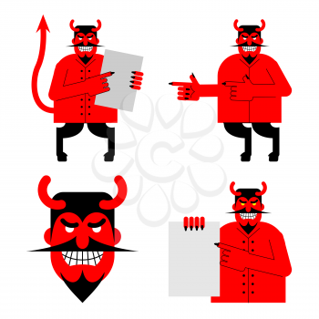 Set satana and devil. Daemon in different poses. Scary red demon shows blank. Beelzebubs head with smile and horns