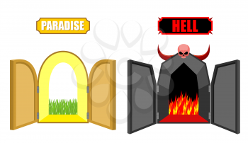 Gates of hell and paradise. Entrance to Satan and God. Scary black door in purgatory. Beautiful bright open door in Paradise gardens. Vector illustration of a religion. Choice after death of Christian