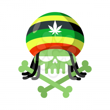 Rasta skull with dreadlocks and Rasta Cap. Green head skeleton with bones. Logo for Halloween. Emblem for drugs flag
