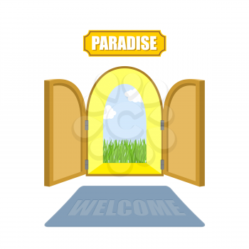Gates of paradise on a white background. Entrance to paradise. Access to God. Open doors to  garden of Eden with blue sky and green grass. Vector illustration of religion