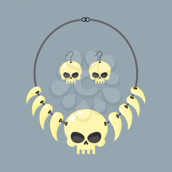 Necklace of skull and tusks. Beads, Aboriginal cannibals and barbarians. Vector illustration terrible piece of jewelry. Head of  skeleton and teeth of animals on  rope.