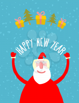 Good Santa Claus with gifts. Grandfather with a white beard in red clothing. Vector illustration Greeting card Happy new year.